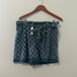 MAX STUDIO blue & white mosaic tile print high waisted tie belt shorts XL